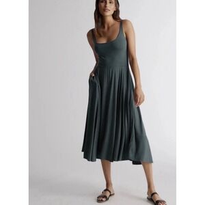 Quince Tencel Jersey Fit & Flare Dress M Dark Olive Green Midi Tank Pocket